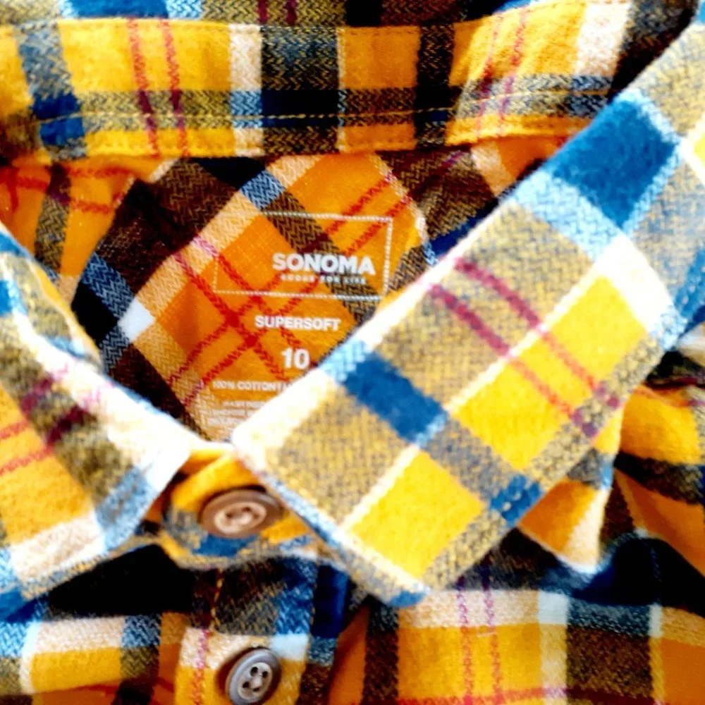 Sonoma Boys Shirt Flannel Yellow Plaid Button Down Size 10 New